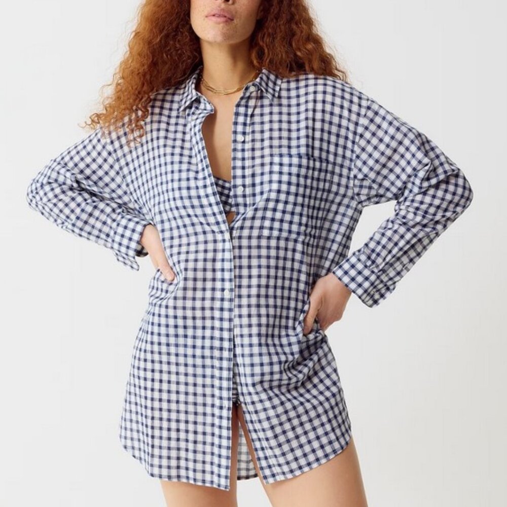J. Crew Cotton voile beach shirt in gingham 2X